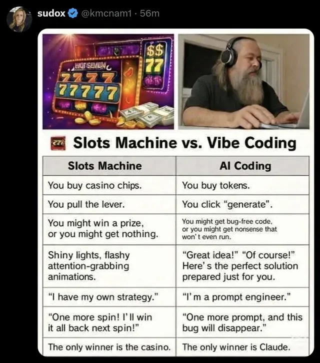 Meme picture depicting how similar slot machine and vibe coding are
